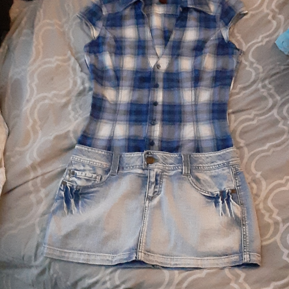 Mini plaid dress top/jean skirt dress